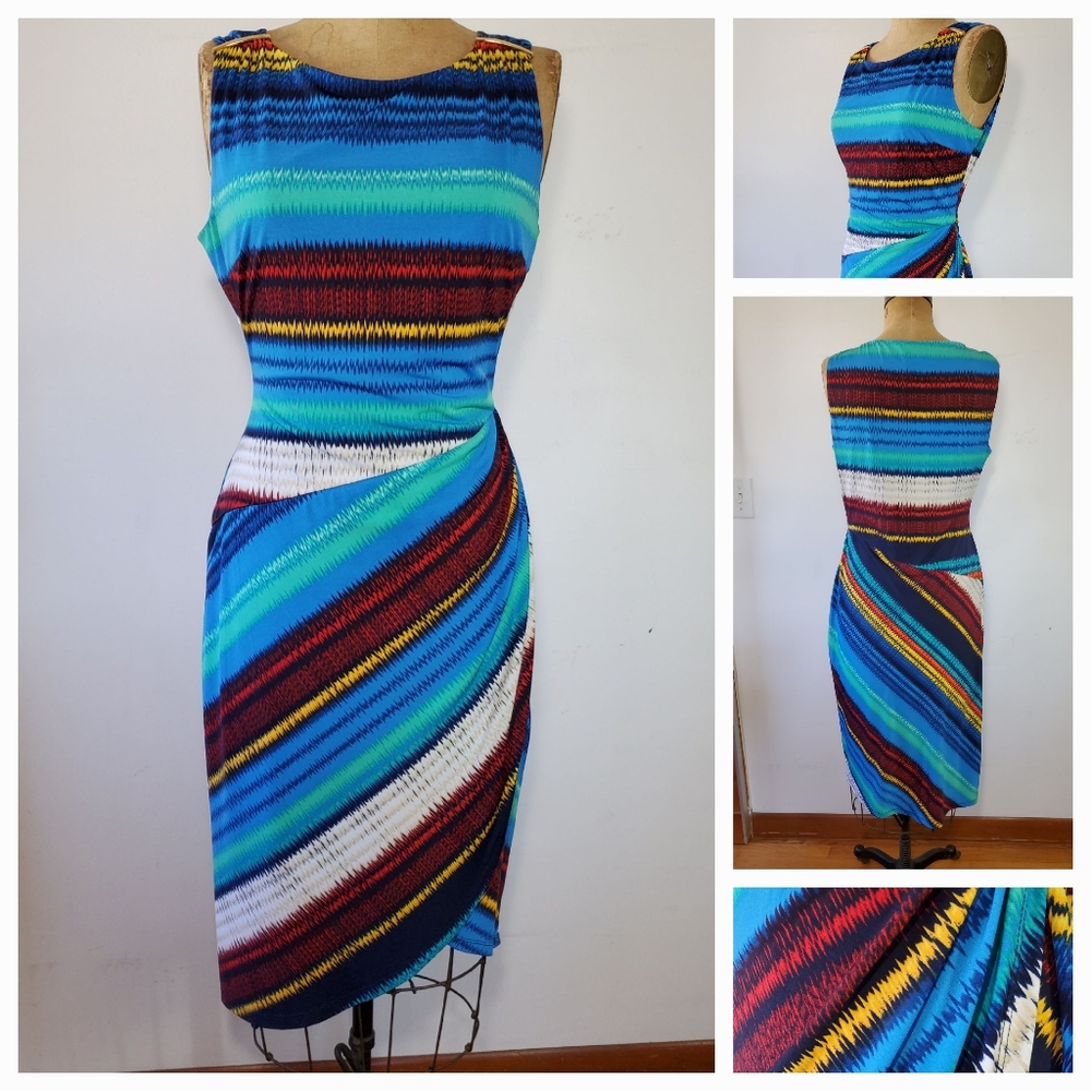Rafaella L/XL Dress Tank Rainbow Tulip Wrap Skirt Midi Bodycon Stripe Stretch